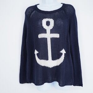 Wooden Ships Sweater Womens L Blue White Anchor Nautical Open Knit Pullover